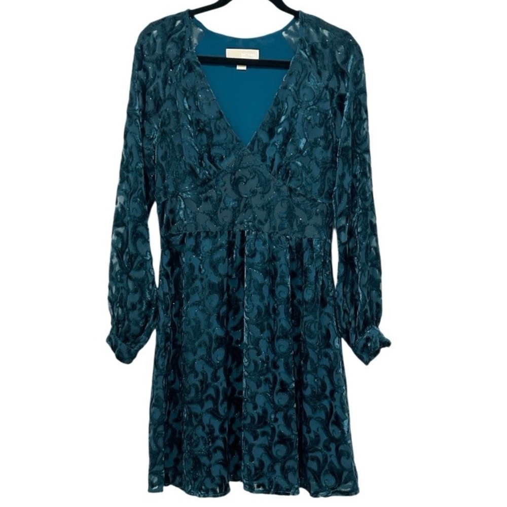 MICHAEL KORS Metallic Velvet Burnout Mini Dress Luxe Teal Fit & Flare Womens S
